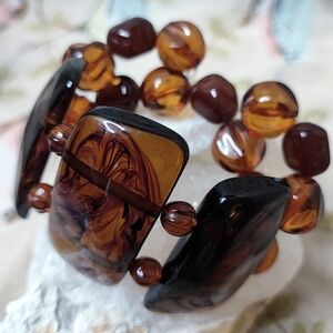 Chunky Root Beer Brown Faux Tortoise Swirled Acrylic Stretch Vintage Bracelet